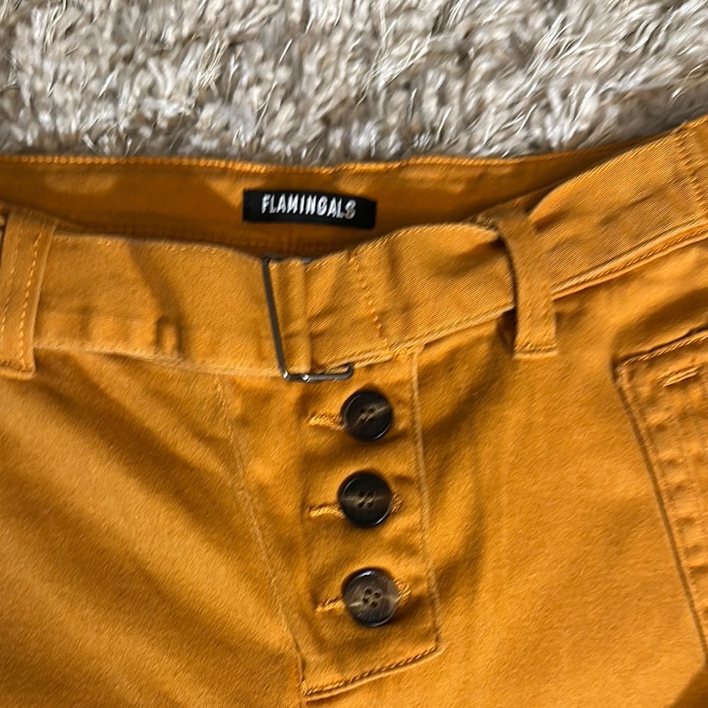 Flamingals Mustard Yellow Button-Fly Pants Size M - Picture 2 of 3